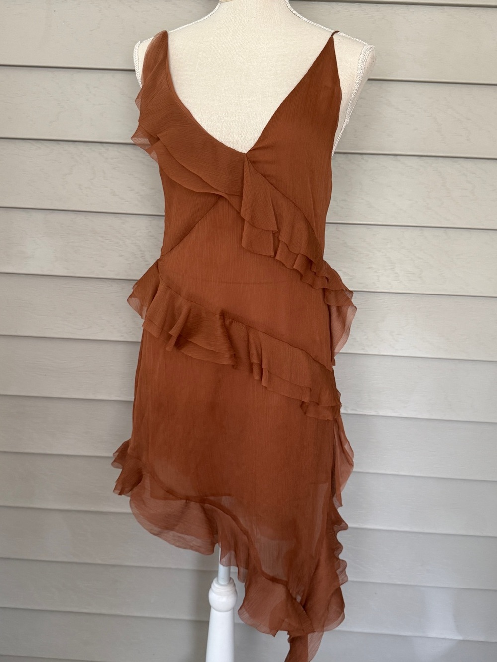 Zara Rust Brown Asymmetrical Ruffle Slip Dress